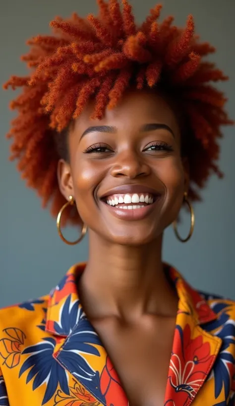 A highly detailed, high-quality Full HD photograph of a beautiful 1 African girl with vibrant red hair. She has a bright, charming smile and striking, expressive features. Her outfit is colorful and stylish, featuring modern, bold patterns and vivid hues t...