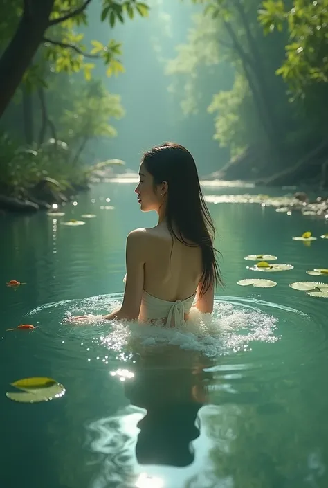 Beautiful Asian girl swimming in the river  