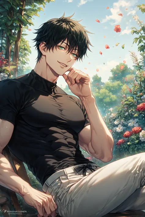 absurdres, highres, ultra detailed, HDR, master piece, detailed face, detailed eyes, Fushiguro Touji, black hair, expressive green eyes, black tight shirt, white pants, toned chest, sexy man sitting, best quality, Jujutsu Kaisen, solo, sensual, handsome, a...