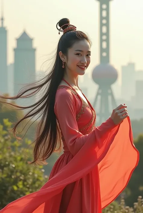 Shanghai,the background was the Oriental Pearl TV Tower,a  woman wearing classical dance costumes,long hair,wind blown sleeves,plump body,plump face,smiling expression,camera gaze,blur green vegetation background,hazy morning light,highly realistic style,a...