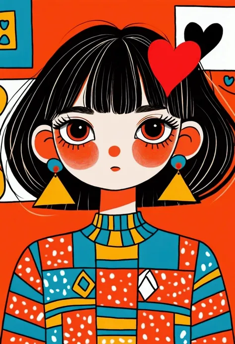 Montage art style：Girl with bangs and cute bob hairstyle, Big round eyes，Empty eyes，Pointy ears, Bright red square earrings, Multicolor striped top, Bold geometric design, Standing posture, Expressive cartoon style, Worried expression, Orange background wi...