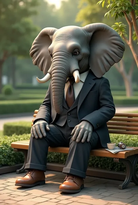 elephant in a suit sitting on a bench