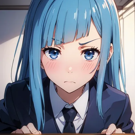 ((Miwa Kasumi 1.3)),Long legs,One Girl, Alone, Blue Hair, tie, Long Hair,black tie, blue eyes, shirt, Upper Body, bangs, jacket, white shirt, formal, collared shirt, Mouth closed, suit, blunt bangs, School uniform,((Panic face:1.3)),Open your mouth,(Blushe...