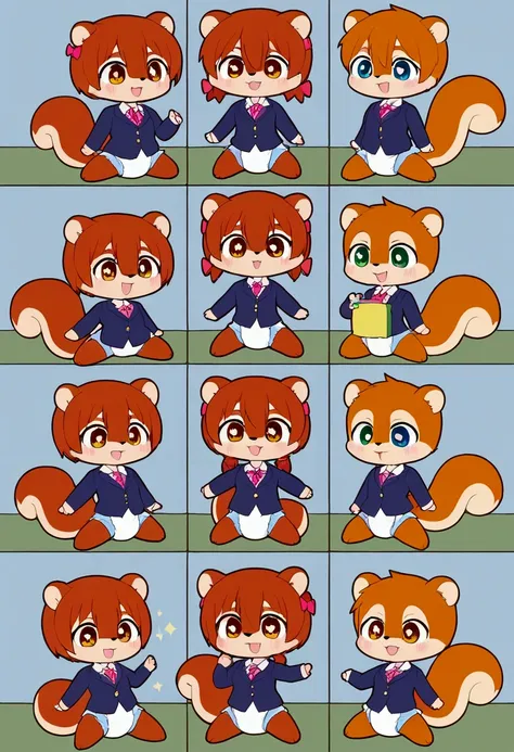 5girls, squirrel, furry, bodyfur, tail, blazer, shirts, bottomless, hair bow, diaper, gloves, boots, chibi, sparkling eyes, happy, full body, kindergarten, blush, toy, kids, child, classroom