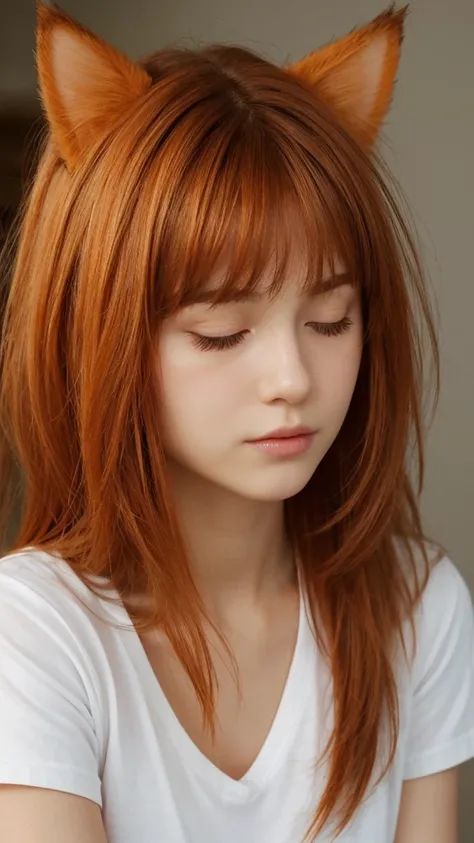 a girl, european, delicate facial features, half-closed eyes, brown eyes, long messy hairstyle, bangs, orange hair, fake cat ears on head, thin lips, white t-shirt, emotionless, shy