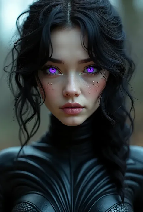 a woman with wavy black hair and purple eyes, black alien armor, freckles, blush, eyeshadow, cute face