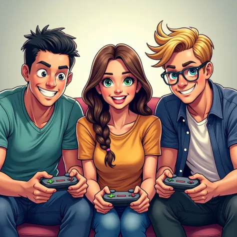 Comic stil, 1 man, 1 woman, 1 man, man with black hair without glasses, man with blond hair and blue eyes with black glasses, woman with long brown hair and green eyes, friendly facial expression gaming, each own controller, Frontal, Masterpiece, 