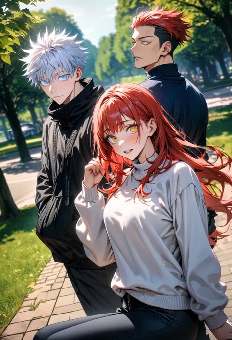 absurdres, highres, ultra detailed, HDR, master piece, 2 people, 1 man, handsome, Gojou Satoru, white hair, blue eyes, Jujutsu Kaisen, casual white sweater, long black pants, with girlfriend, 1girl, long hair, red hair, golden eyes, in the park,gojo satoru...