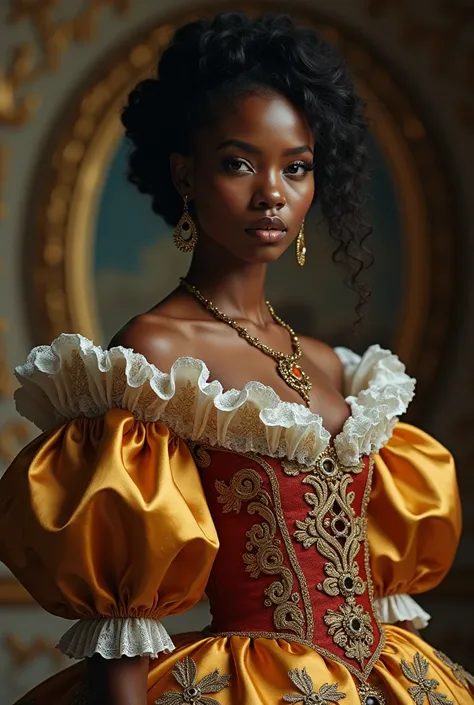 A beautiful woman, dark skin, 17th Century, baroque era,Europe, Baroque style dress, exaggerated,puff sleeves