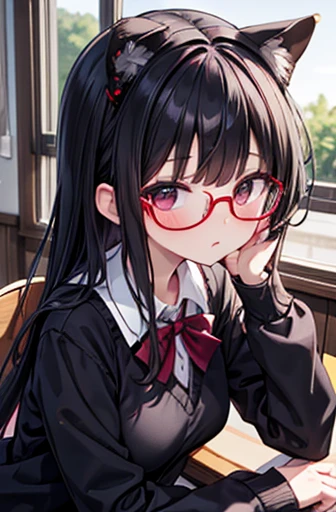 masterpiece, best_quality, 1girl, solo, black hair, sexy school uniform, red eyewear on head, sitting by the window,大きい胸、