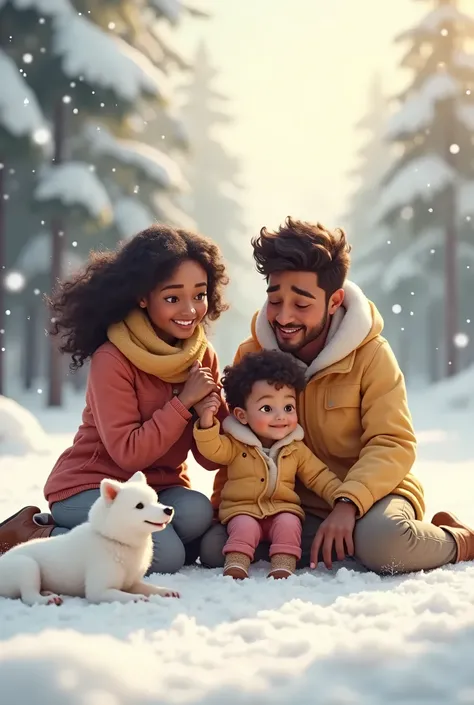 Brazilian mother, father and a  playing in the snow, non-native, with a white dog on the side. Make skin tone dark, and wear comfortable clothes 