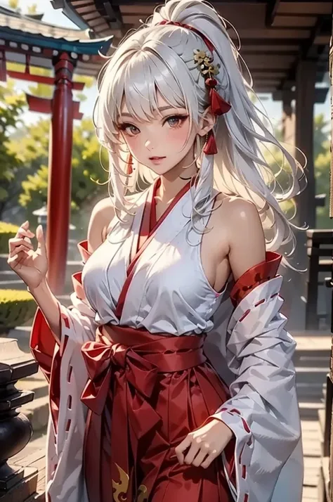 masterpiece, best quality, very detailed, 1girl, white hair, face: sweet girl, medium breasts, shrine maiden, casual miko style,...