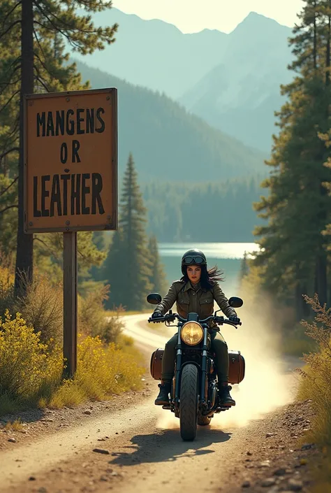 A large wooden sign by the roadside with the words OR LEATHER written in capital letters.　Young woman with short black hair, Beautiful and attractive face, Vintage half helmet and goggles、Wearing a military jacket, Shoes and gloves, A sturdy motorcycle wit...