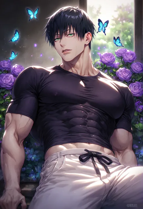 absurdres, highres, ultra detailed, HDR, master piece, detailed face, detailed eyes, Fushiguro Touji, black hair, expressive green eyes, black tight shirt, white pants, toned chest, sexy man, best quality, Jujutsu Kaisen, solo, sensual, handsome, adult fac...