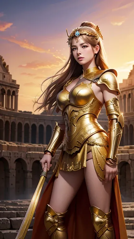 A photorealistic digital painting style, Athenas Golden Splendor goddess in armor warrior from War in Rome, medium long shot, ancient Coliseum background, cinematic lighting