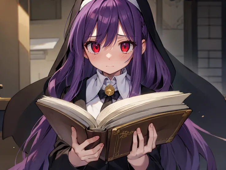 (best quality, masterpiece, ultra-detailed, illustration), 1 girl, (dark purple hair: 1.3), long hair, (red eyes: 1.3), eyes highlight, small breasts, black nun outfit, slit, both side slits, library, blush:1.3, embarrassed expression, reading a book, hold...