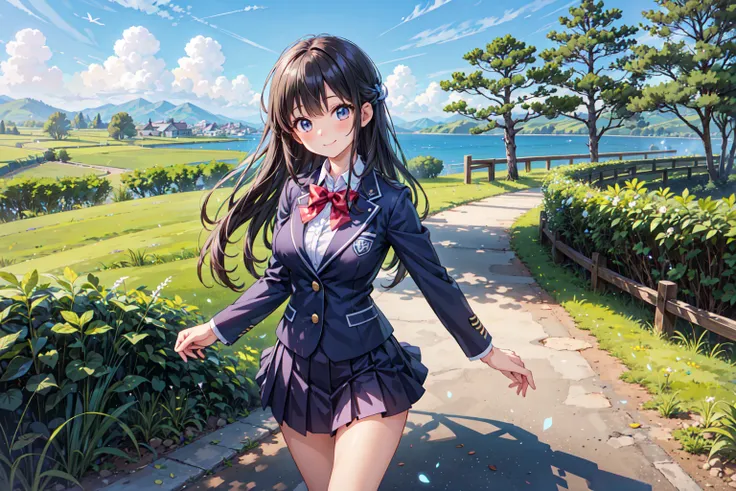 (((Masterpiece, 16k, Highest quality, Ultra-high resolution, Depth of subject))), ((Very detailed, Japanese countryside scenery)), (((High school girl in blazer uniform, 2 people, skirt, Big Breasts))), ((Beautiful girl in great detail)), (((Very accurate ...