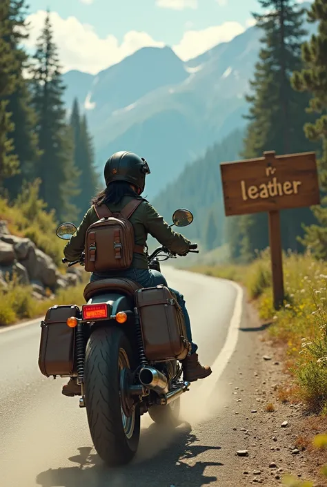 A large wooden sign by the roadside with the words OR LEATHER written on it.　Young woman with short black hair, Beautiful and attractive face, Vintage half helmet and goggles、Wearing a military jacket, Shoes and gloves, A sturdy motorcycle with block tires...