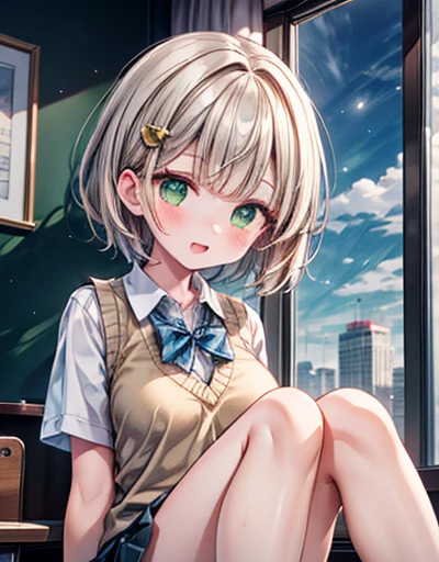 (masterpiece, top quality), 1 girl, short hair, blunt bangs, light brown hair, happiness, green eyes, hair ornament, school_uniform, short_sleeves, bare_legs, blue sky, window, front view, insight, breast squeeze, beige vest,大きい胸、