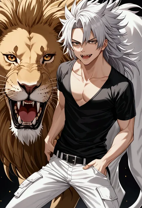 Silver haired boy with black eyes., good physique, He was wearing a long-sleeved black shirt.., white combat pants, The tail of a lion, Her fangs, spiky hair. 