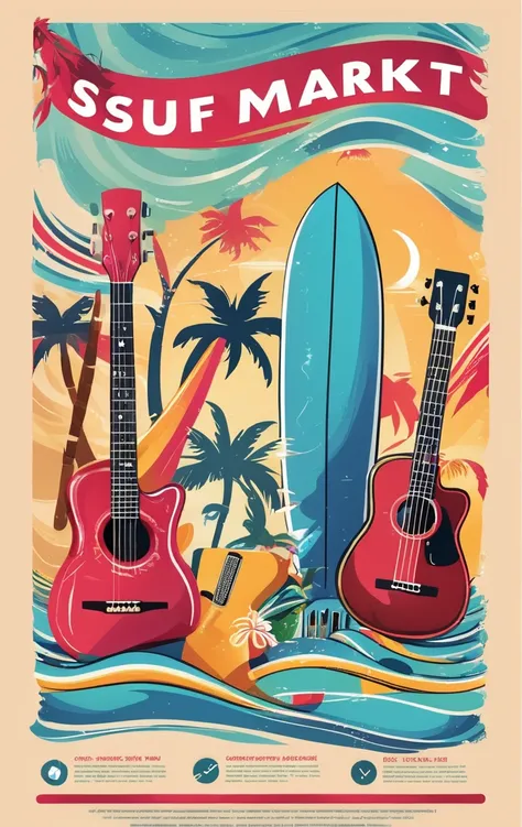 Poster with music surf market elements