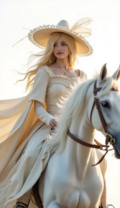 live-action、Genuine、A beautiful Japanese woman cosplays as Snow White、Official Costume、Blonde、Big hat with ribbon、Cape、Rapier、Dynamic pose、Riding a White Horse、White background
