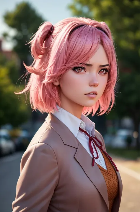 there is a woman with pink hair and a brown jacket, photorealistic anime girl render, anime realism style, hyperrealistic school...