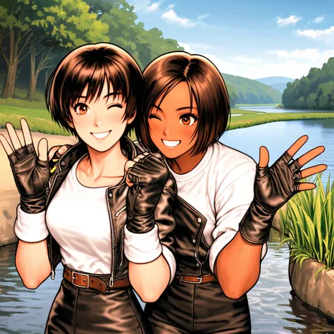 Woman waving, greeting, one eye closed, smiling friendly, embarrassed at, blushing, dark hair, short cut, dark skin tone, ((black leather jacket with rolled up sleeves)), fingerless gloves, white T-shirt, ((idyllic riverbank)), black pants, white shoes, br...