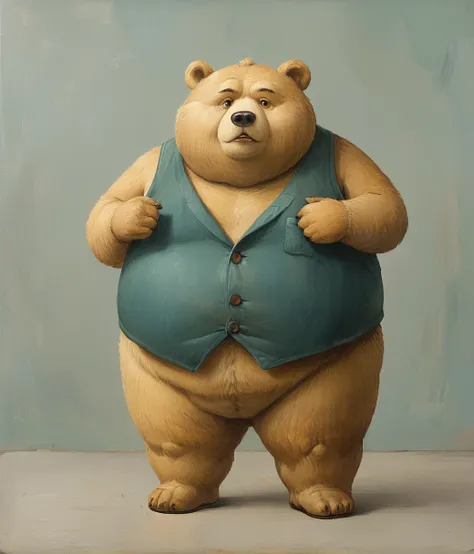 style of fernando botero, (cute, fat, obese, anthro, male, bear), solo, full body, ((cyan briefs)), dynamic pose, hires textures...