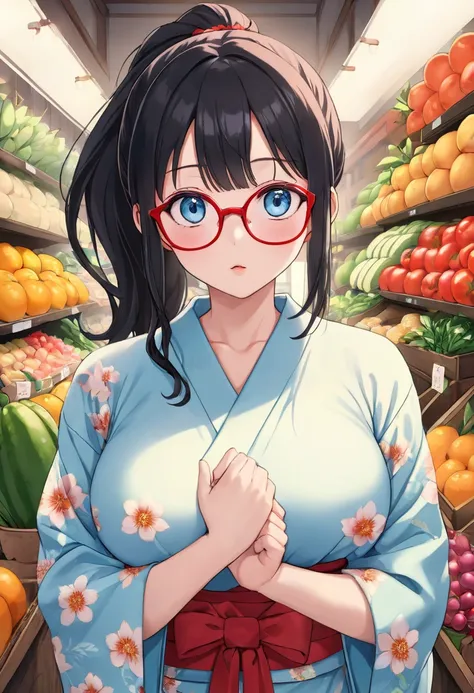 High resolution、Beautiful Woman Photos、Detailed face and eyes、Real:0.5、Perfect Skin、(Wearing red glasses:1.5)、Waiting tongue、Mouth slightly open、Weakness、Holding a very fresh sweet orange in his right hand、(Cerulean blue eyes:1.1)、(Droopy eyes:1.2)、Straigh...