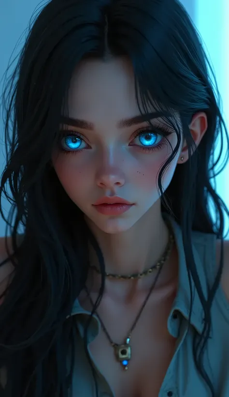 1girl, Solo, Breasts, Gamer , Long Hair, Black Hair, 3D Rendering, big Blue eyes, Masterpiece, Accurate, High Resolution, Detail, High Details, High Quality, Eye Reflection, Mole Under Eye, Glowing Eyes, 