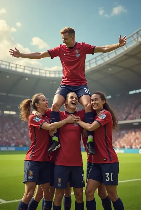 Create a realistic image of a british female football team carrying their male manager in celebration he is on the shoulders of a woman who is facing in between his legs