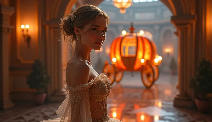 wearing glass slippers.Gorgeous dance costume.Get on the pumpkin carriage.Cinderella preparing to go to the prince&#39;s ball.