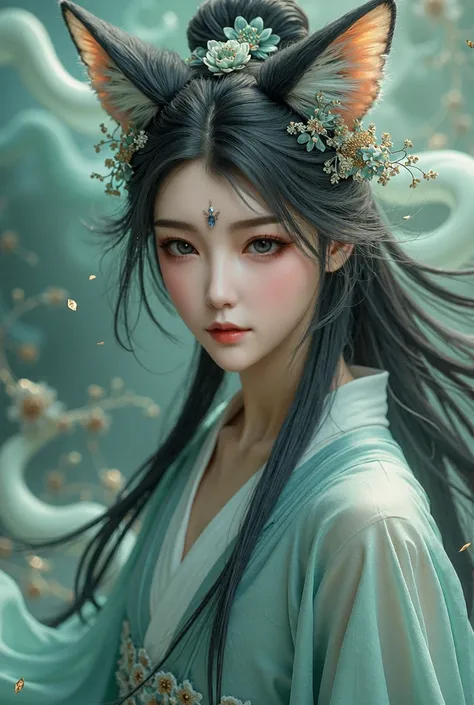 (highest qualityの, highest quality, Queen, beautiful and aesthetic:1.2), (1 female), Highly detailed dynamic gaze,(fractal art:1.3),I&#39;m wearing a korean 9 tail fox legend,best details attire, she has windblowing dark grey hair and  jade eyes, 8k