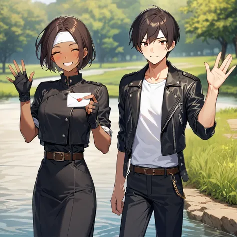 Couple waving, greeting, one eye closed, smiling friendly, embarrassed, blushing, dark hair, short cut, dark skin, ((black leather jacket with rolled up sleeves)), fingerless gloves, ((white headband)) white t-shirt, ((holding love letter on riverbank)), b...