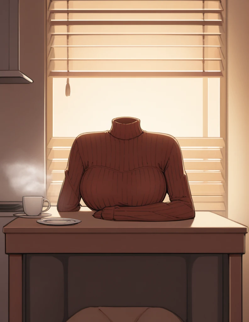 "an illustration of a person sitting at a café table with a steaming cup of coffee. the person is wearing a fitted turtleneck sw...