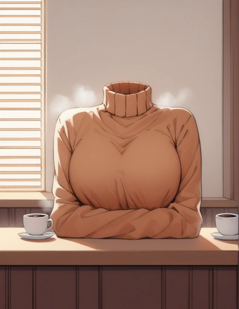 "an illustration of a person sitting at a café table with a steaming cup of coffee. the person is wearing a fitted turtleneck sw...