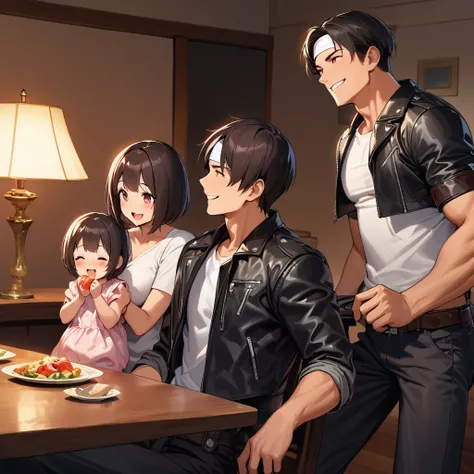 Masterpiece, Super Hi-Res, Perfect Anatomy, (Fidelity: 1.4), Laughing, Boy with short hair, 2 man and woman and  girl, black hair, short cut, dark skin, red eyes, man and woman wearing ((black leather jacket with rolled up arms)), fingerless gloves, black ...