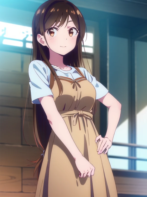 mizuharachizuru, Chizuru Ichinose, solo woman,Long Hair, bangs, Brown Hair, (Brown eyes:1.5), One side up, smile,((light blue summer dress)),outdoors, crowd, people々,looking at viewer, (Cowboy Shot:1.5),(masterpiece:1.2), Best Quality, High resolution, Uni...