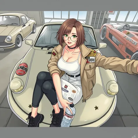 Ultra-HD, 16 thousand., complex details, maximum detail, american cartoon, japanese woman 40 years old mature mommy, without makeup, sinewy, big breasts, bright green eyes,  brown hair short haircut, on his head are round glasses with a gold frame, in a be...