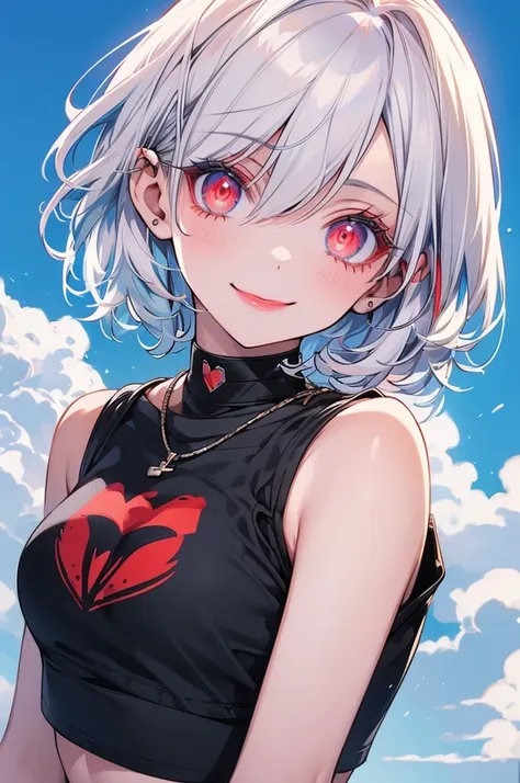 1girl,  solo, looking at viewer, rebellions, short hair, light blue background, smile, bare shoulders, black eyeliner, makeup, red lips, looking back, parted bangs, upper body, multicolored eyes, crop top t- shirt, closed mouth, white hair ,(girl ),(master...