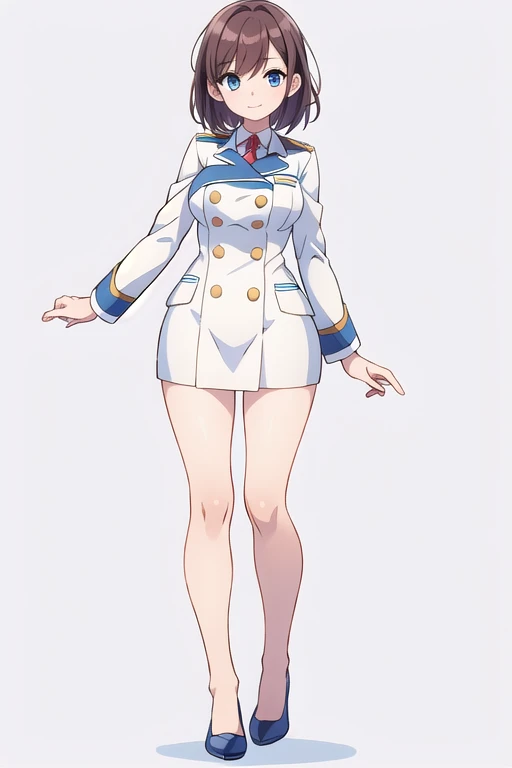 stand posture, cute eyes, adult woman,, solo,  ((white background)), full body, uniform,
