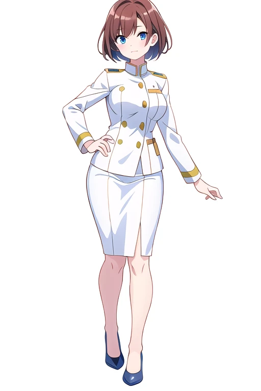 stand posture, cute eyes, adult woman,, solo,  ((white background)), full body, uniform,
