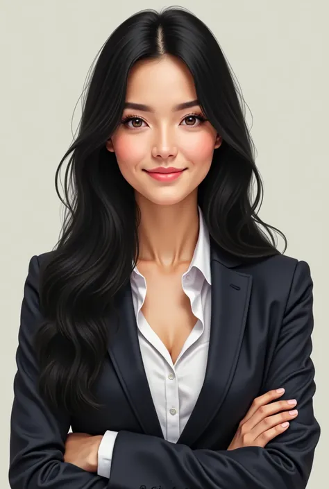 Create an avatar of a white female lawyer with long black hair and brown eyes smiling with little makeup, straight hair and slightly closer eyebrows, a skinny , about 30 years old, a little more drawing 
