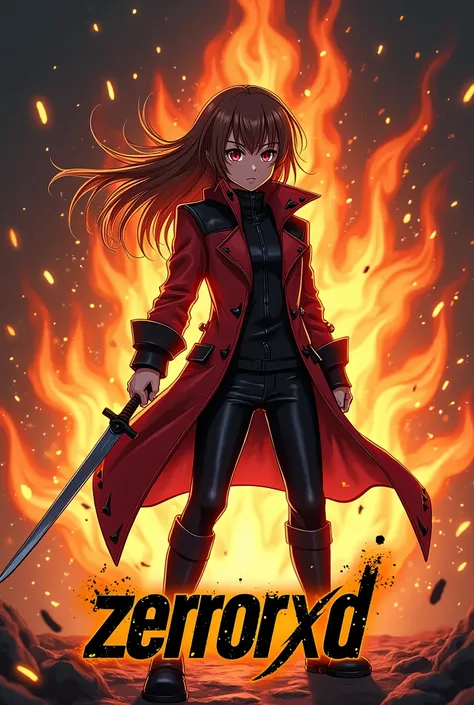 A logo featuring a anime  character with brown hair, wearing a red and black jacket, and a golden crown. The character should be standing in an action pose, holding a sword in one hand, surrounded by a fiery background with flames and embers flying around....