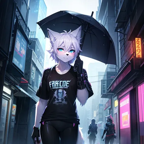 （cyber punk perssonage）Beautiful face of white fur fox looking around raining city street glowing t-shirt umbrella beautiful light and shadow、ambient lights、Ultra-fine fur、Volumetric light is ultra-detailed