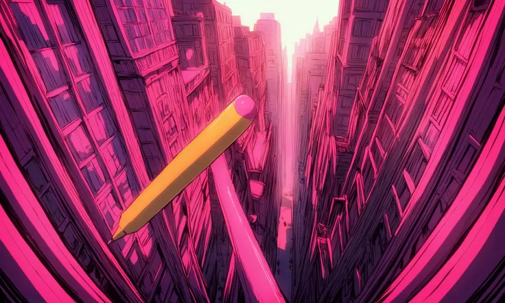 A gigantic pencil (yellow, no. 2, pink eraser) lands in New York city, doors open near its base and ramps descend from which thousands of pencil alien warriors pour ot and invade the city