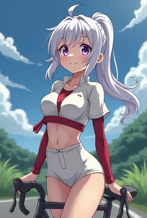 HD、Animation style、white hair 、Purple Eyes、girl、plump breasts 、High school student 、single ponytail、Baseball player、Light color short sleeve top、Long sleeve red underwear、Good shape、Thin、sash、Sky、cloud、sunny、Cycling、Navel exposed、dazzler、Breasts exposed、ni...