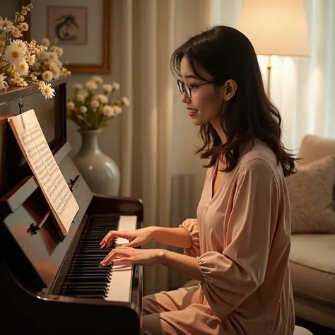 Chinese lady in casual home dress and glasses, playing a music piece on a black yamaha upright piano with a digital recording box mounted on the underside of the piano. At home, cozy and distinctly feminine decor. Professional photography. Ultra-realistic.