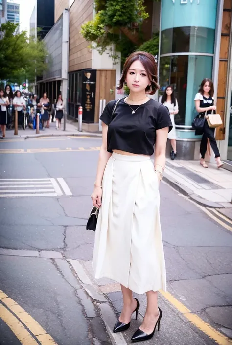 One girl, Eyes down, Sad, White outerwear, Black top, Black long skirt, loafers, High heels, Crowd, Daytime downtown,